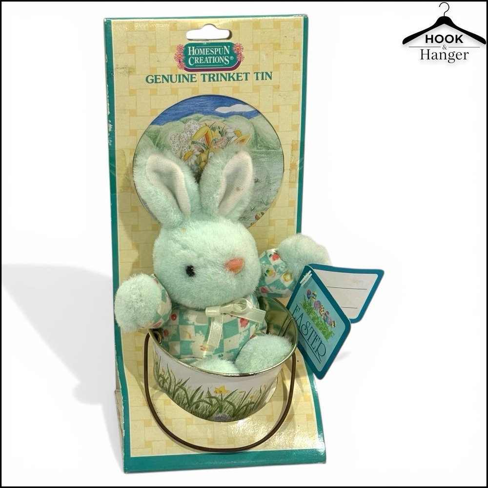 Vintage Homespun Creations Easter Trinket Tin Bucket Lid Mint Green Bunny‎ 90s